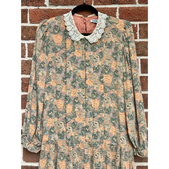 Vintage 1980s Taurus II Floral Print Dress Lace Collar Long Sleeve Drop Waist - Picture 2 of 15